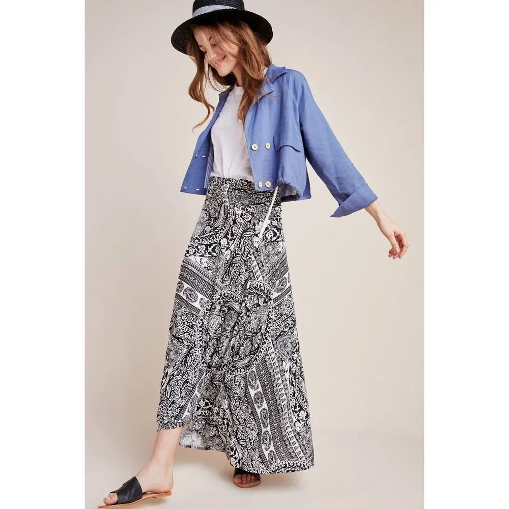 Anthropologie Maeve Issa Maxi Skirt in Black and White Print Size L